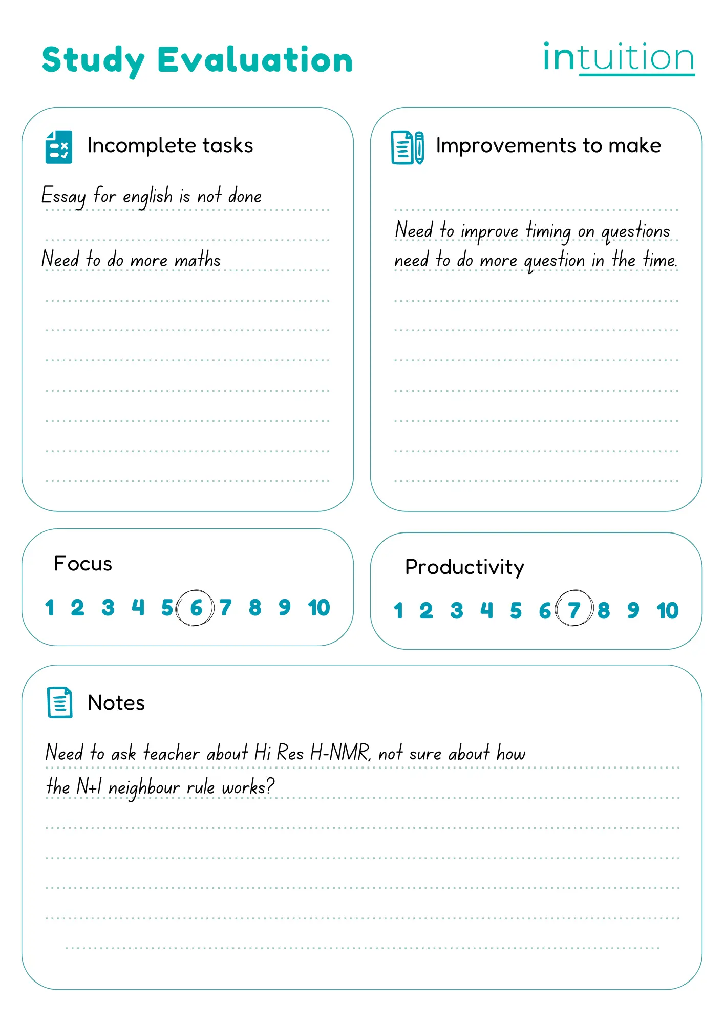 Example Study plan reflection page