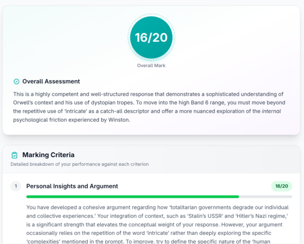 An essay marked 16 out of 20 against the marking criteria