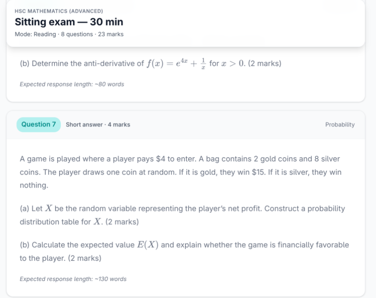 A generated HSC Mathematics practice paper being sat on screen