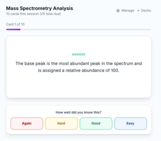 A flashcard answer with Again, Hard, Good and Easy rating buttons