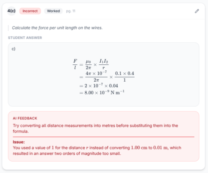 A worked physics answer marked incorrect with feedback on unit conversion