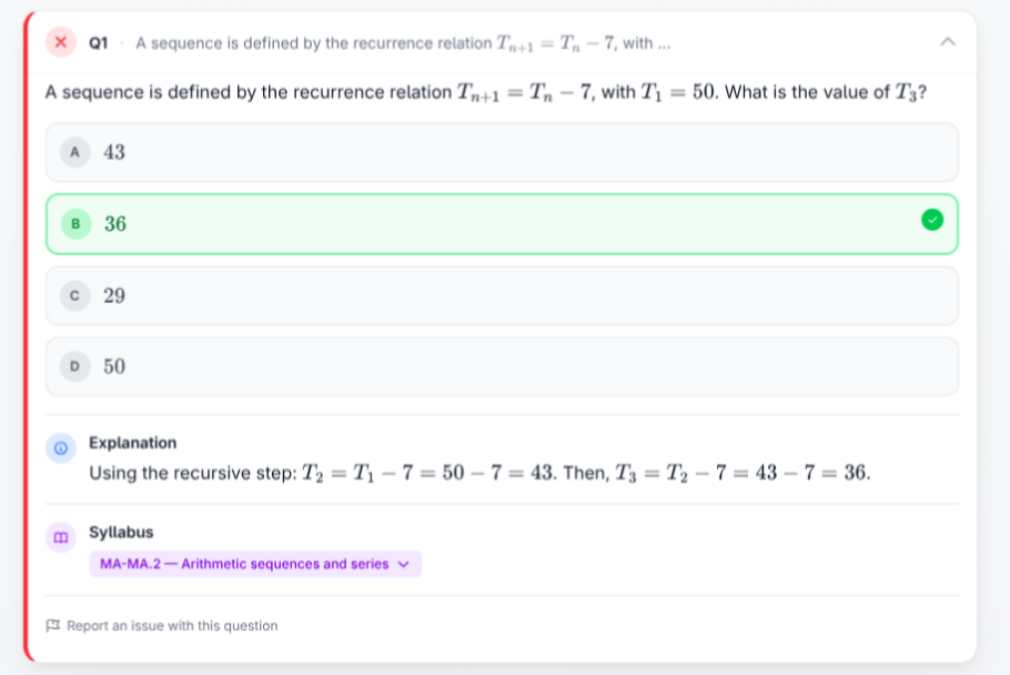 A quiz answer revealed with an explanation and its syllabus outcome